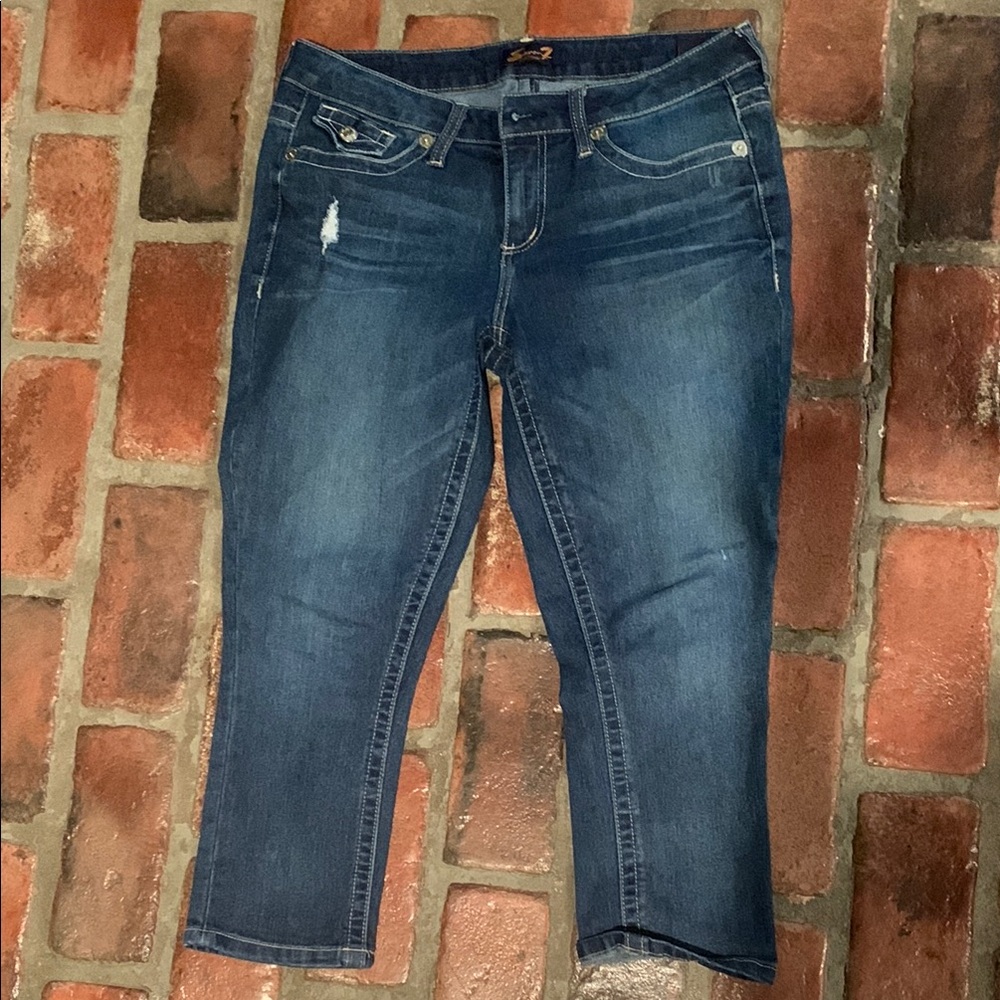 Seven7 Blue Cropped Ankle Jeans with Faded Distressing
